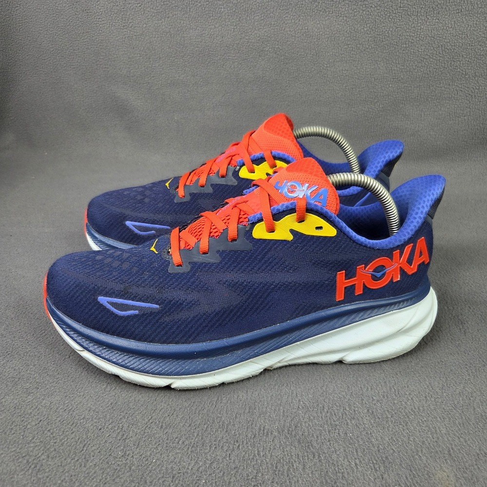Hoka One One Clifton 9 Mens Size 9.5EE Blue Red Athletic Running Shoes Sneakers
